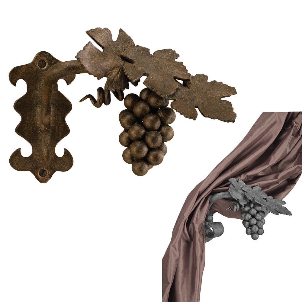Metal Drapery Holdback Pair: Tuscan Grape Vine Design - Old World Bronze